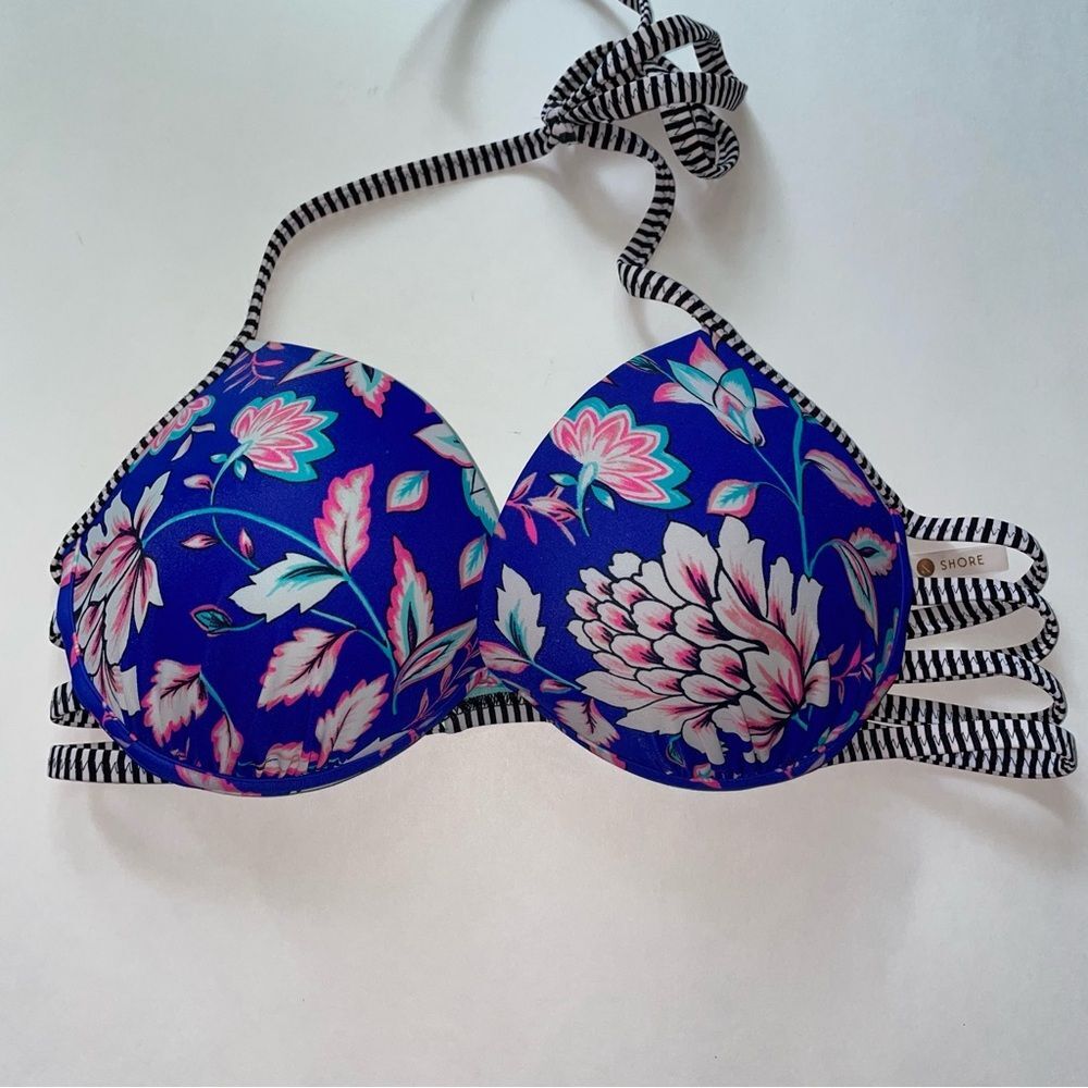 Shade & Shore Bikini Top M Japanese Floral Blue Padded Push Up Halter